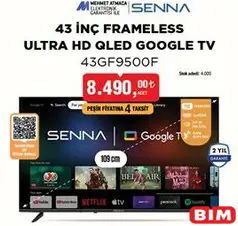 SENNA 43GF9500F 43 İNÇ FRAMELESS ULTRA HD QLED GOOGLE SMART TV / AKILLI TELEVİZYON
